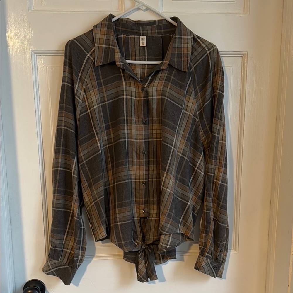 Brown and Cream Long Sleeve Button Down Shirt with Notched Collar and Tie Front